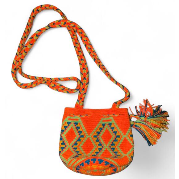 Mochila Handbags - Mini Wayuu Mochila Crossbody Bag | Orange & Green Pattern | Handmade